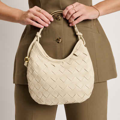 Woman wearing Oatmilk Moda Luxe Lucia Hobo 842017141228 View 1 | Oatmilk