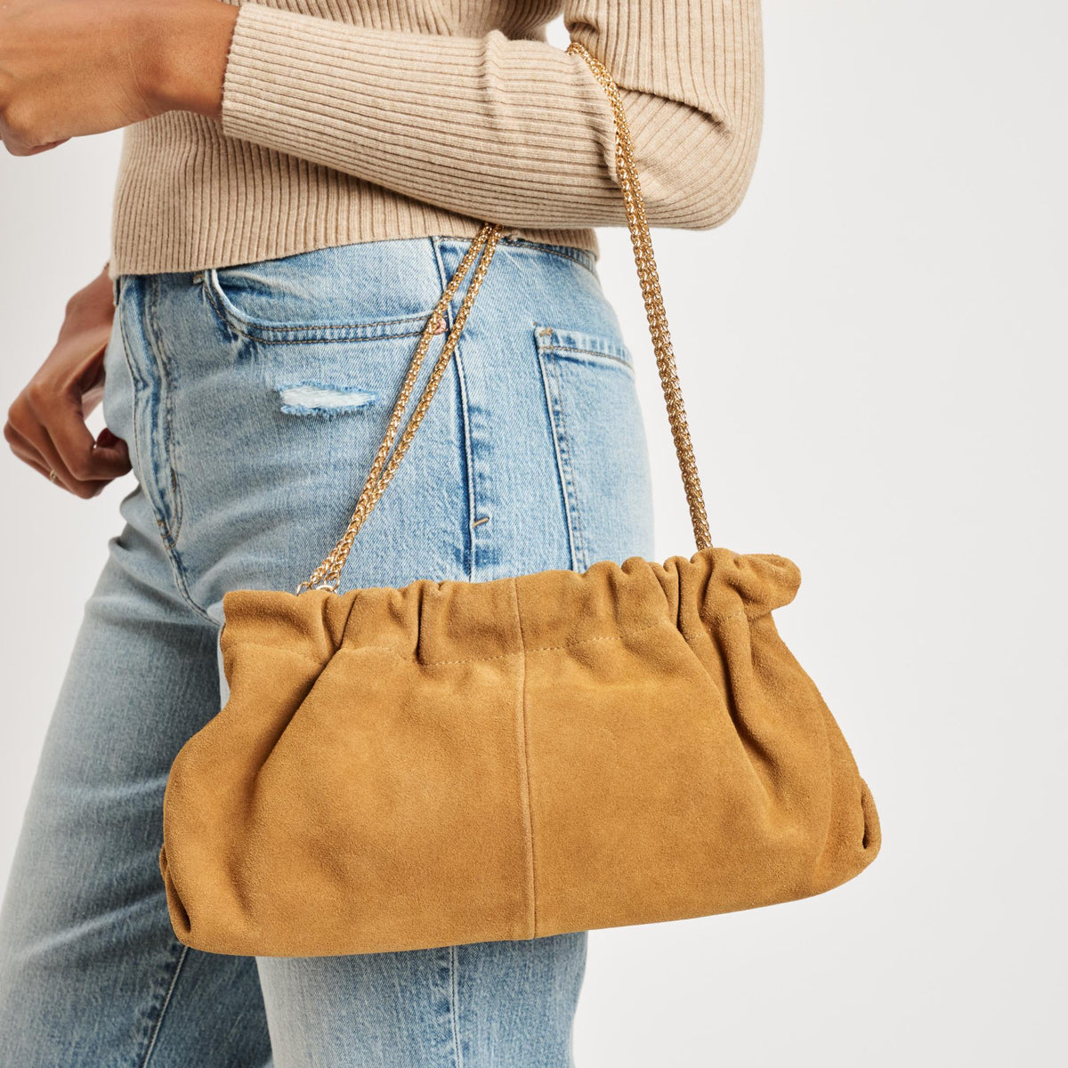 Woman wearing Tan Moda Luxe Penelope Shoulder Bag 842017139140 View 4 | Tan