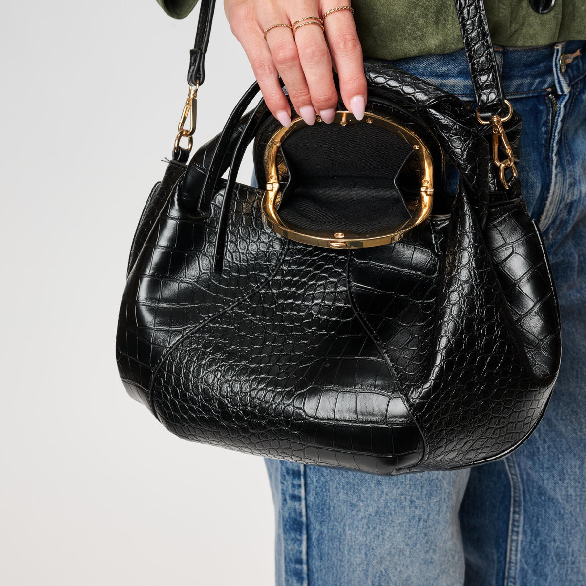 Woman wearing Black Moda Luxe Amaya Satchel 842017142546 View 3 | Black