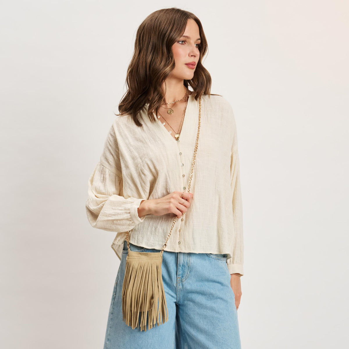 Woman wearing Custard Moda Luxe River Evening Bag 842017140542 View 1 | Custard