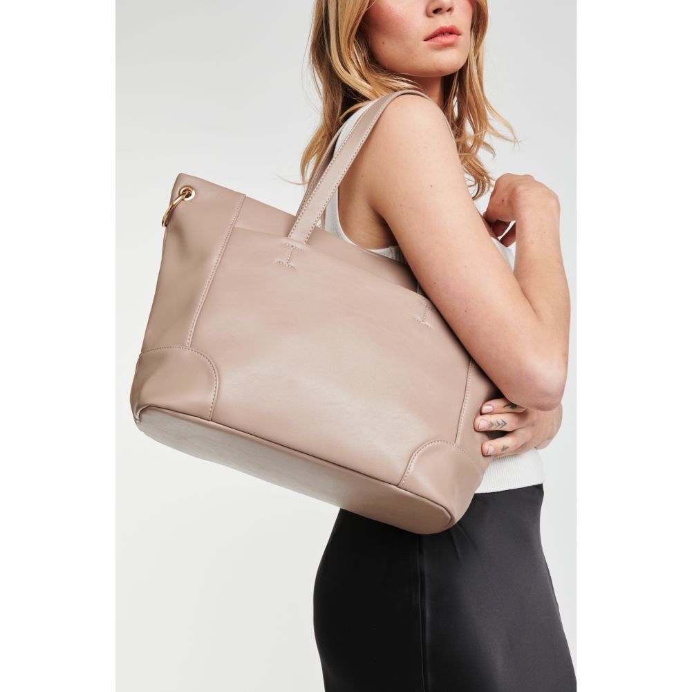 Woman wearing Mushroom Moda Luxe Becka Tote 842017126560 View 2 | Mushroom