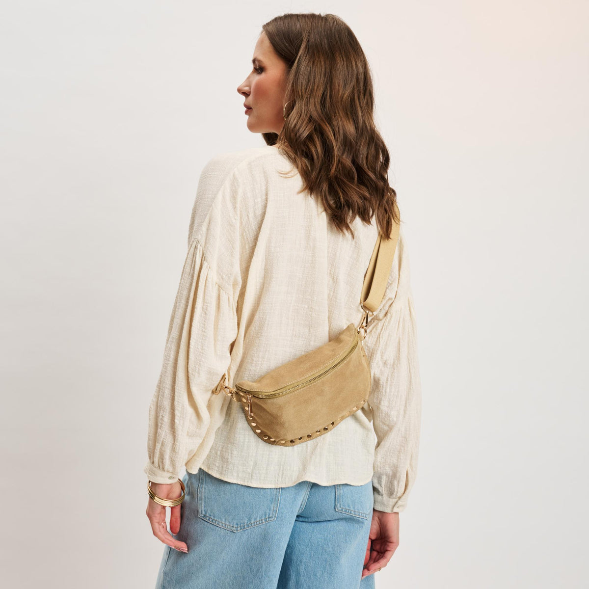 Woman wearing Custard Moda Luxe Gizelle-Suede Belt Bag 842017141471 View 3 | Custard