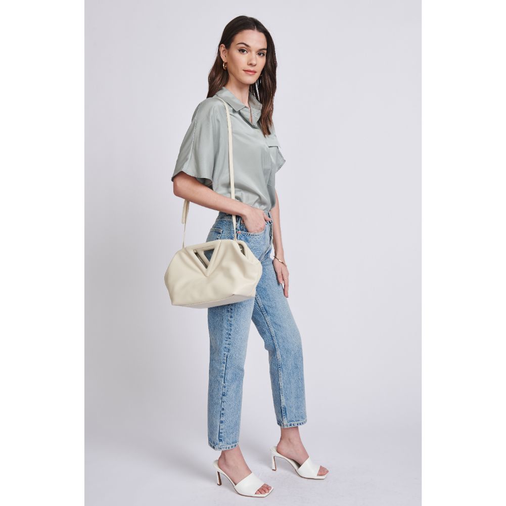 Woman wearing Oatmilk Moda Luxe Kendra Crossbody 842017129059 View 4 | Oatmilk