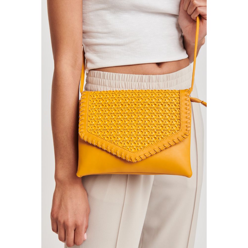 Woman wearing Mustard Moda Luxe Malta Crossbody 842017124061 View 2 | Mustard