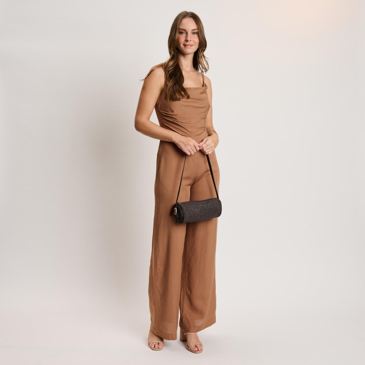 Woman wearing Chocolate Moda Luxe Mila - Straw Shoulder Bag 842017140689 View 2 | Chocolate