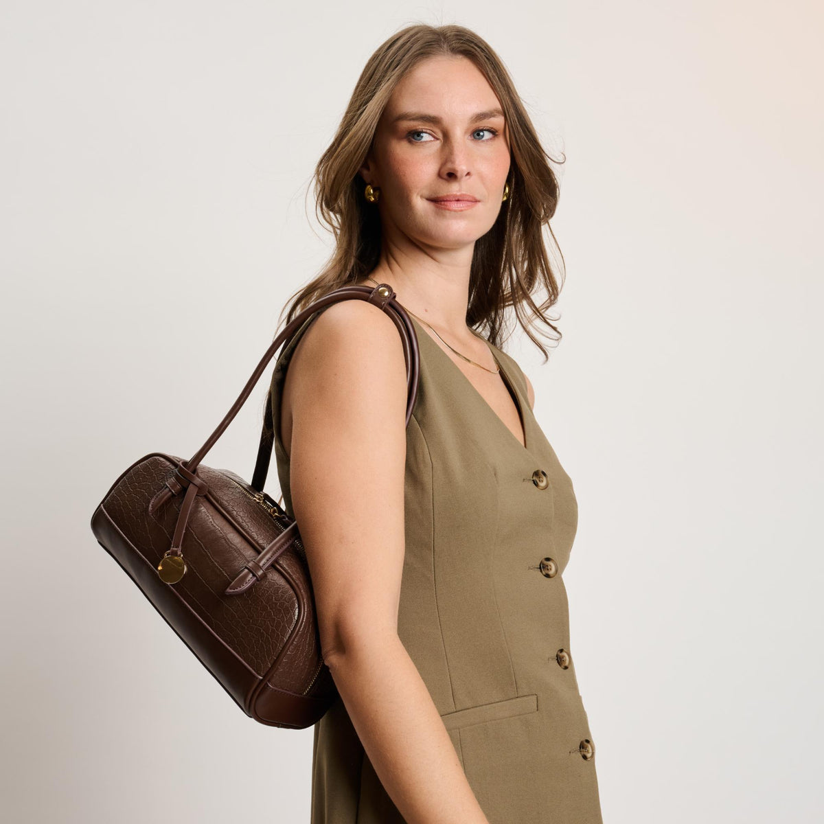 Woman wearing Chocolate Moda Luxe Paloma - Croco Shoulder Bag 842017140405 View 4 | Chocolate