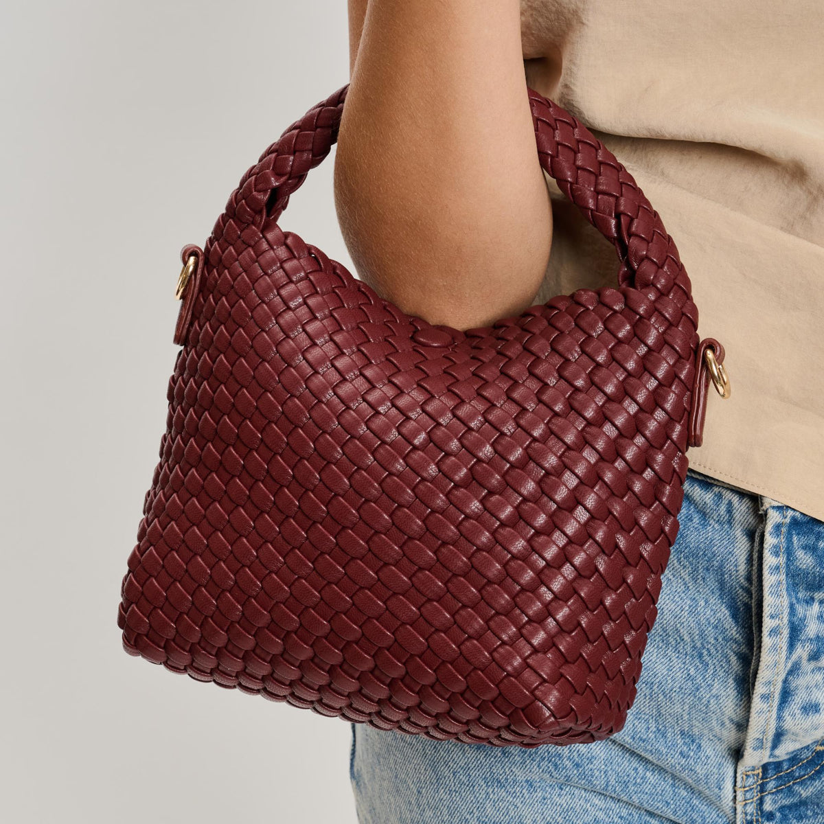 Woman wearing Burgundy Moda Luxe Jessamine Crossbody 842017135708 View 4 | Burgundy