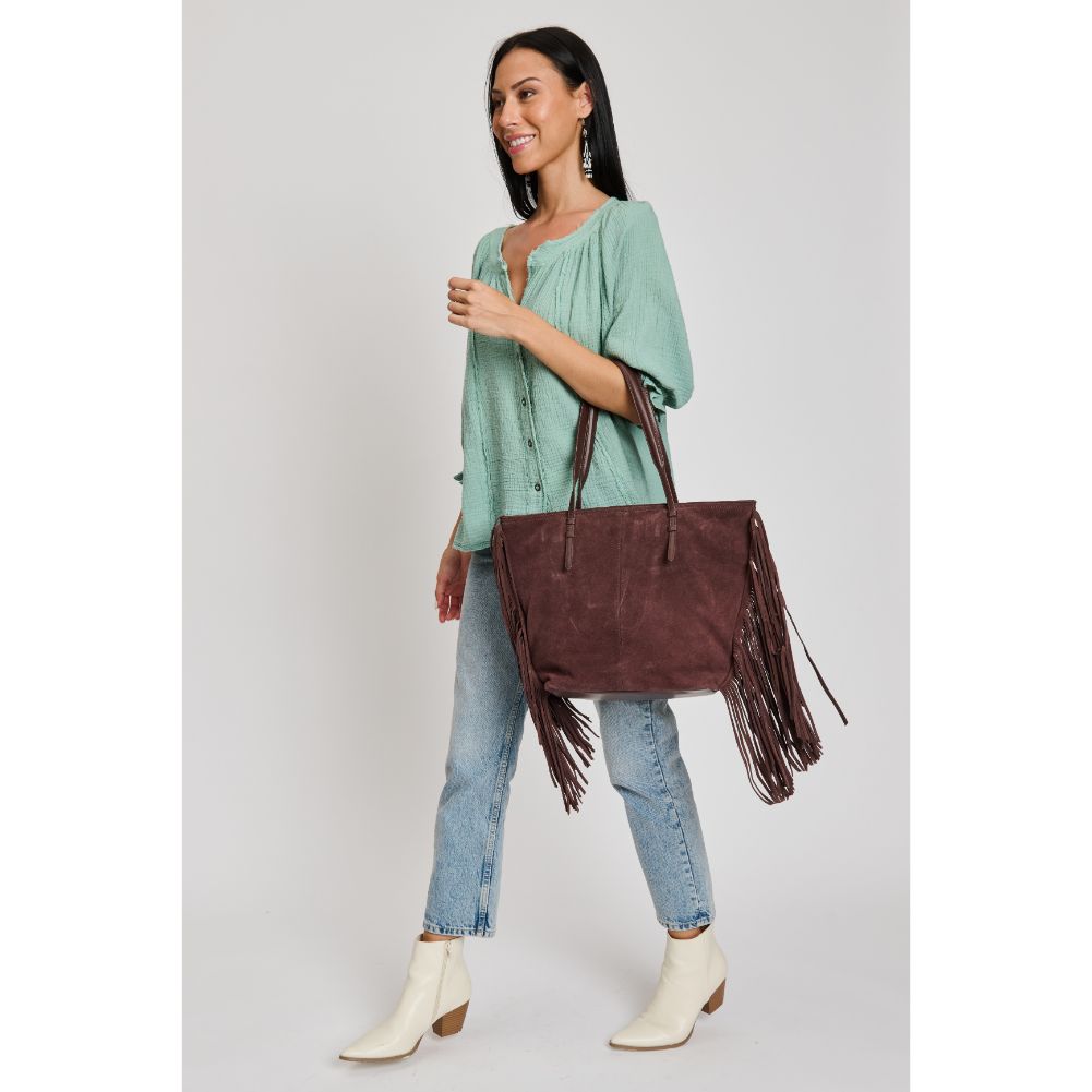 Woman wearing Chocolate Sol and Selene Stevie Tote 842017133186 View 2 | Chocolate
