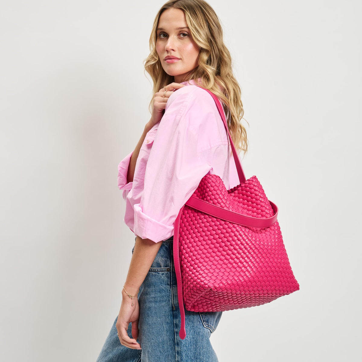 Woman wearing Fuchsia Moda Luxe Edith Hobo 842017137504 View 2 | Fuchsia
