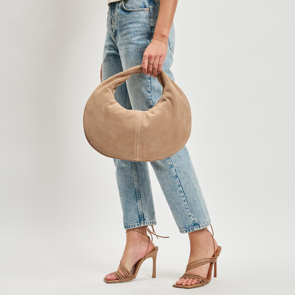 Woman wearing Natural Moda Luxe Farrah - Suede Hobo 842017138624 View 3 | Natural