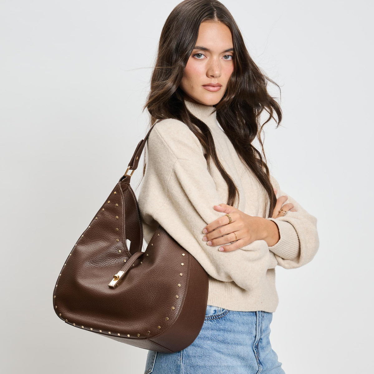 Woman wearing Chocolate Moda Luxe Olivia Hobo 842017136132 View 1 | Chocolate