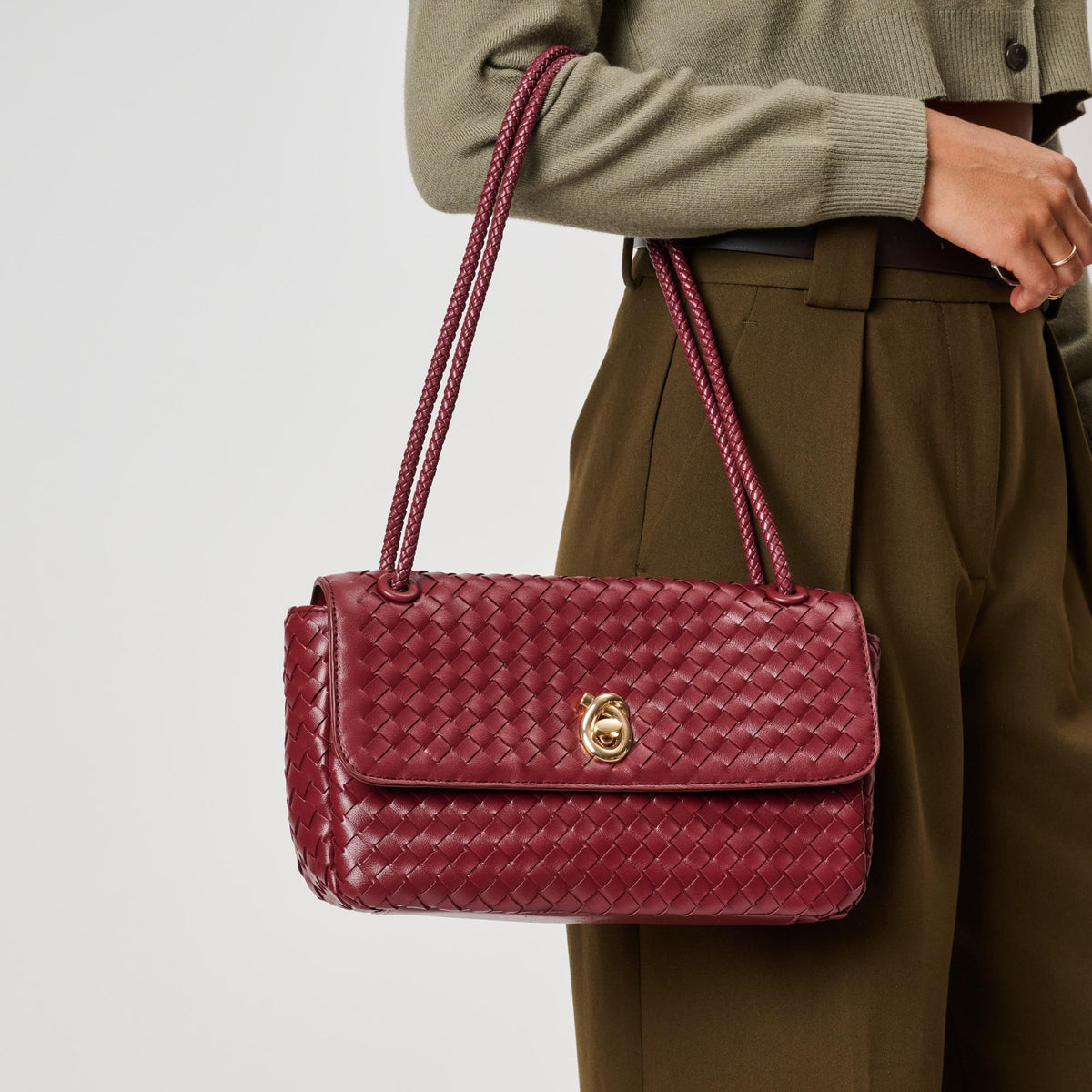 Woman wearing Burgundy Moda Luxe Annabelle Shoulder Bag 842017143376 View 1 | Burgundy
