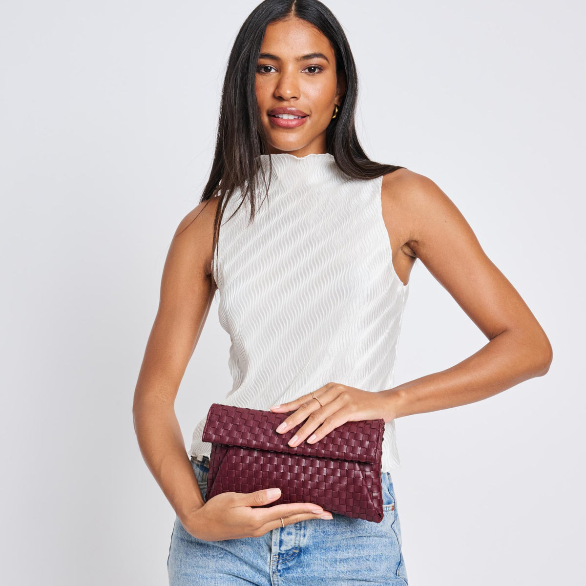 Woman wearing Wine Moda Luxe Priscilla Clutch 842017136583 View 3 | Wine