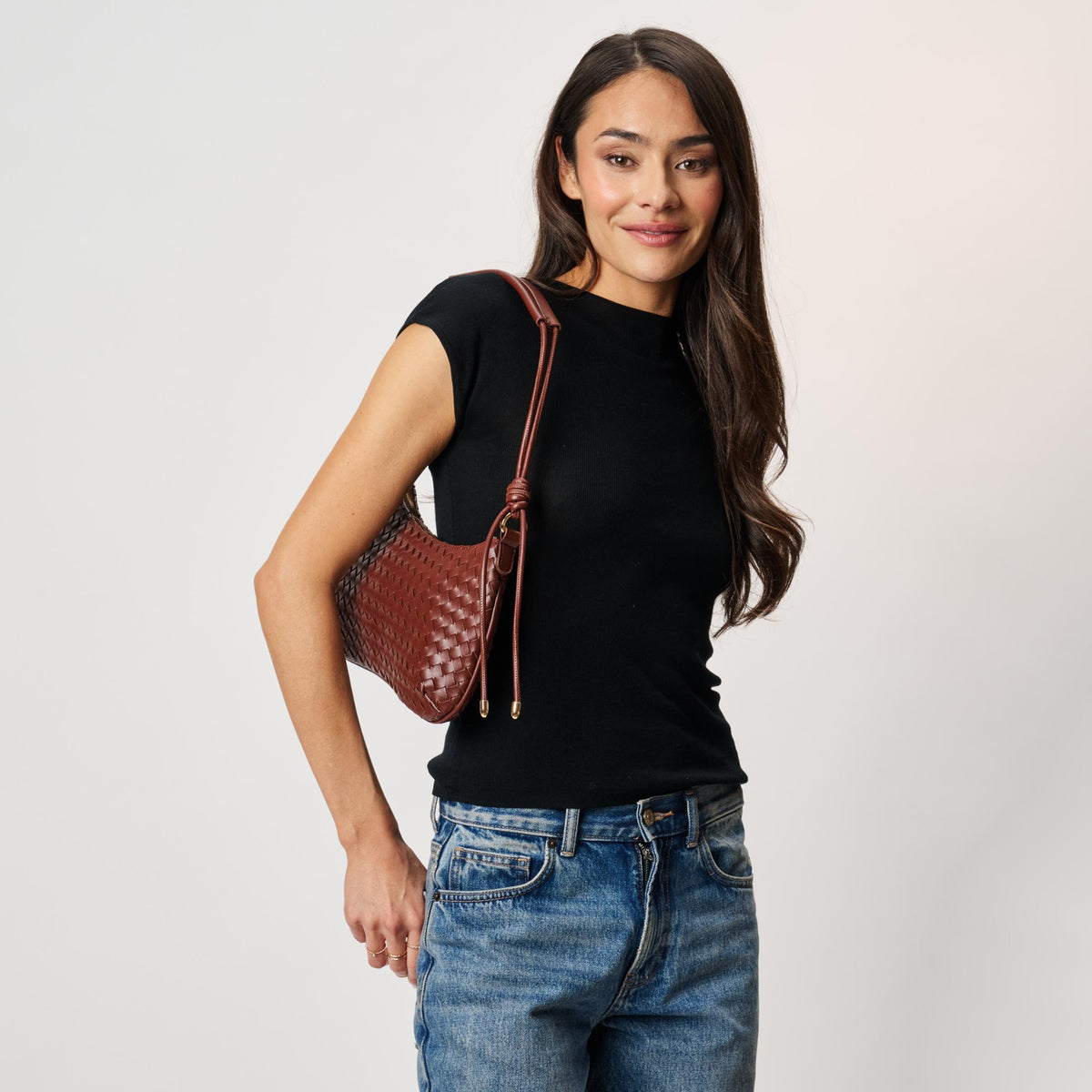 Woman wearing Chocolate Moda Luxe Cindy Shoulder Bag 842017142713 View 2 | Chocolate