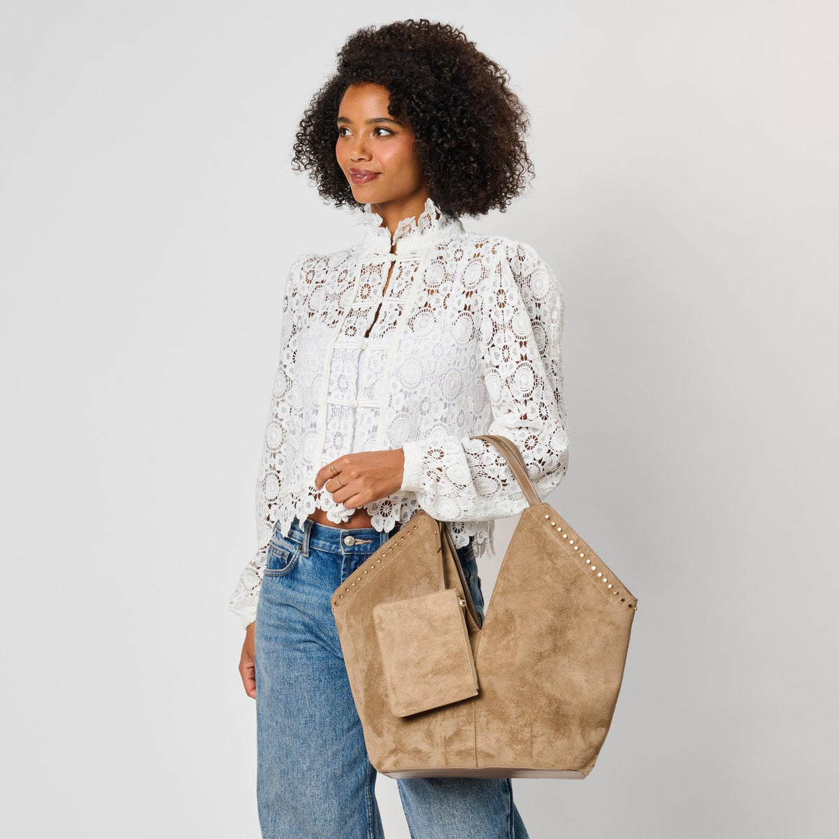 Woman wearing Taupe Moda Luxe Miranda Tote 842017142966 View 3 | Taupe