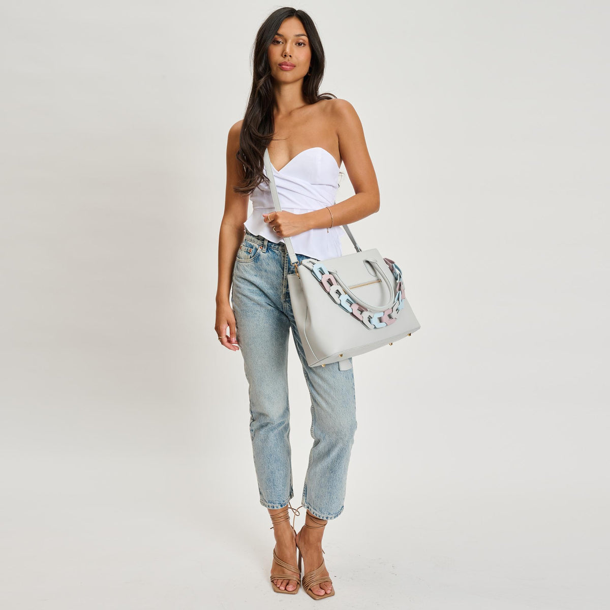 Woman wearing Dove Grey Sol and Selene Regalina Satchel 842017135333 View 4 | Dove Grey