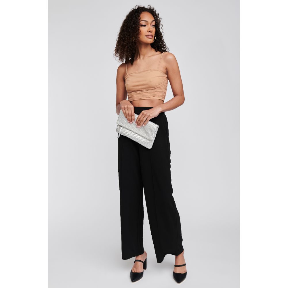 Woman wearing Silver Moda Luxe Alicia Woven Clutch 842017118046 View 2 | Silver