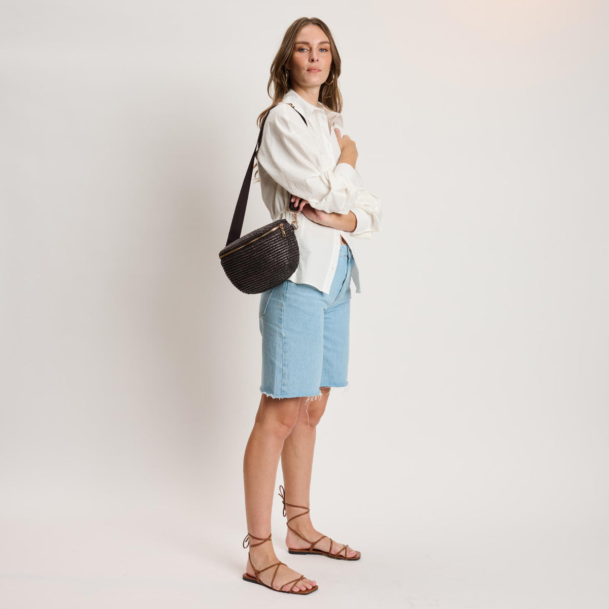 Woman wearing Chocolate Moda Luxe Gizelle - Large Checker Belt Bag 842017141051 View 3 | Chocolate