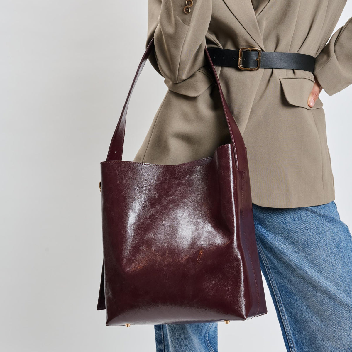 Woman wearing Burgundy Sol and Selene Brooke Bucket 842017139522 View 4 | Burgundy