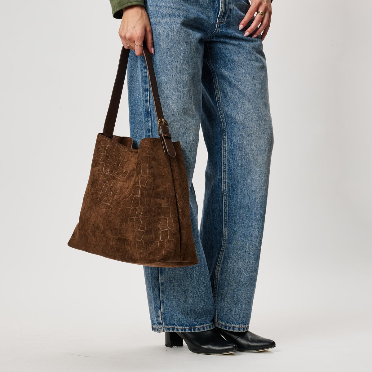 Woman wearing Chocolate Moda Luxe Neve Croco Tote 842017142430 View 3 | Chocolate