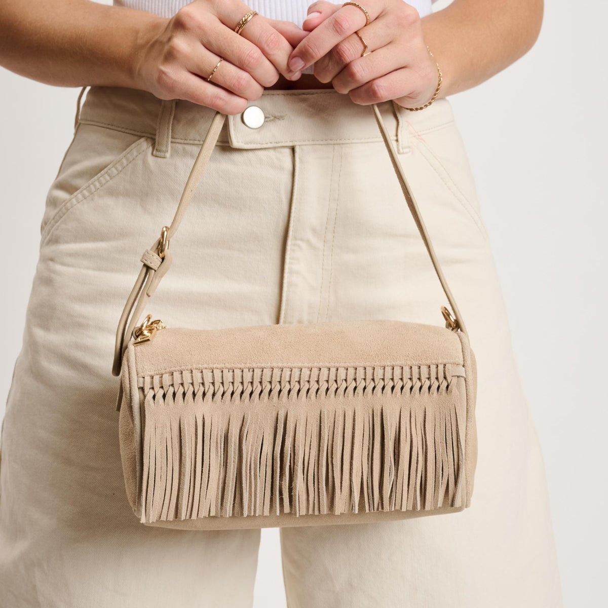 Woman wearing Natural Moda Luxe Emmi Shoulder Bag 842017140467 View 1 | Natural