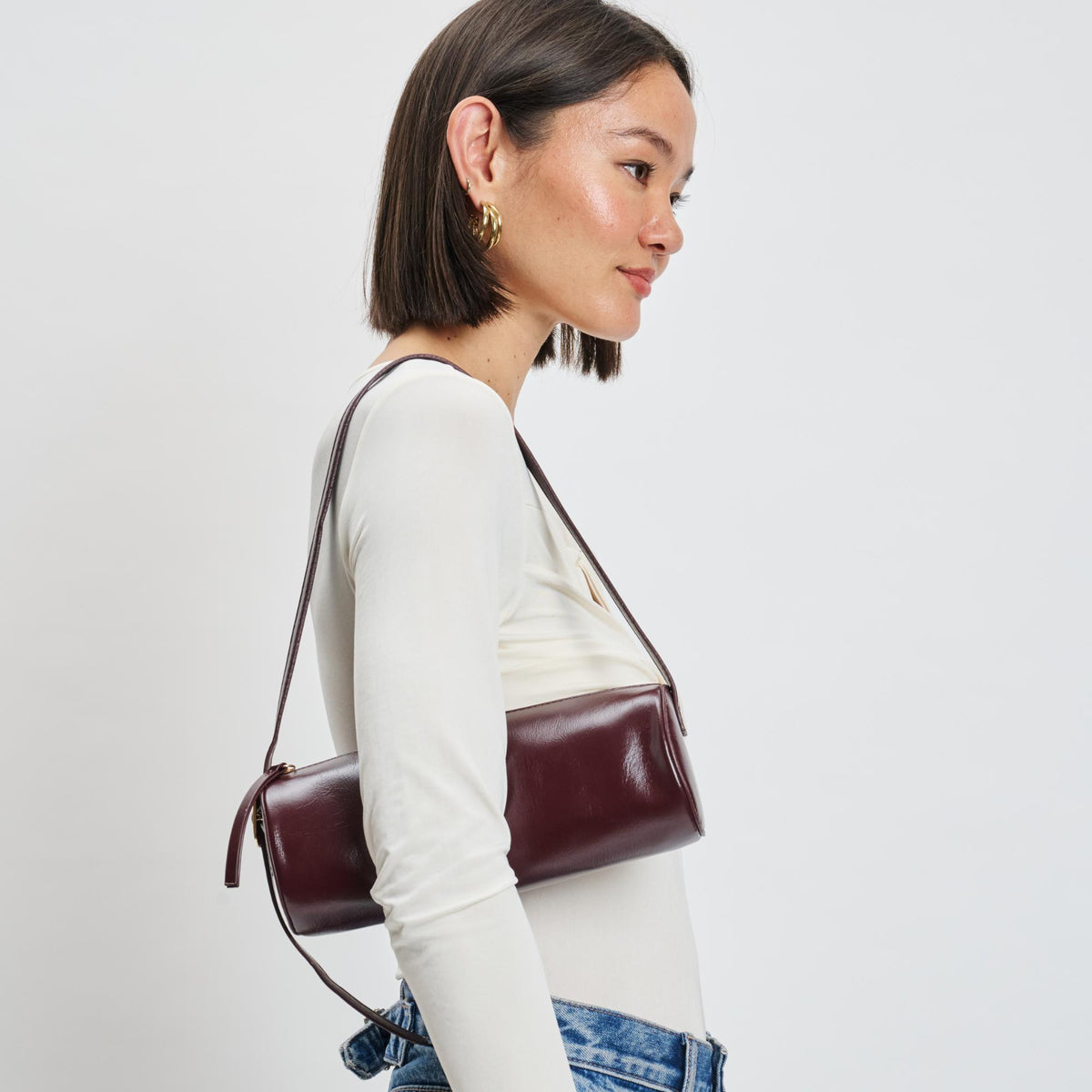 Woman wearing Wine Moda Luxe Mila Shoulder Bag 842017139294 View 2 | Wine