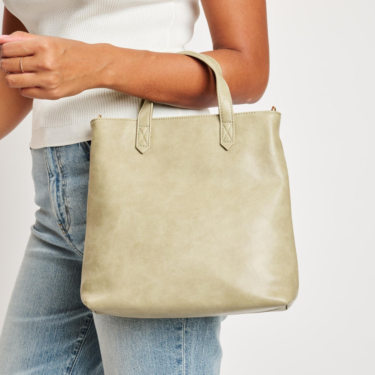 Woman wearing Sage Moda Luxe Selena Mini Tote 842017126836 View 4 | Sage