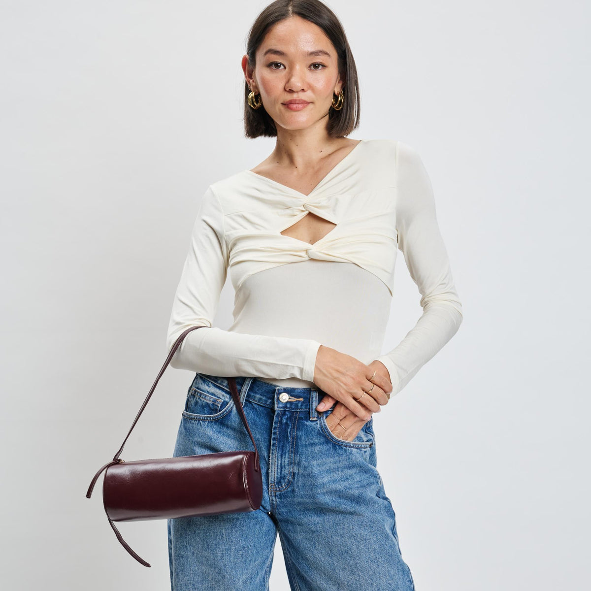 Woman wearing Wine Moda Luxe Mila Shoulder Bag 842017139294 View 3 | Wine