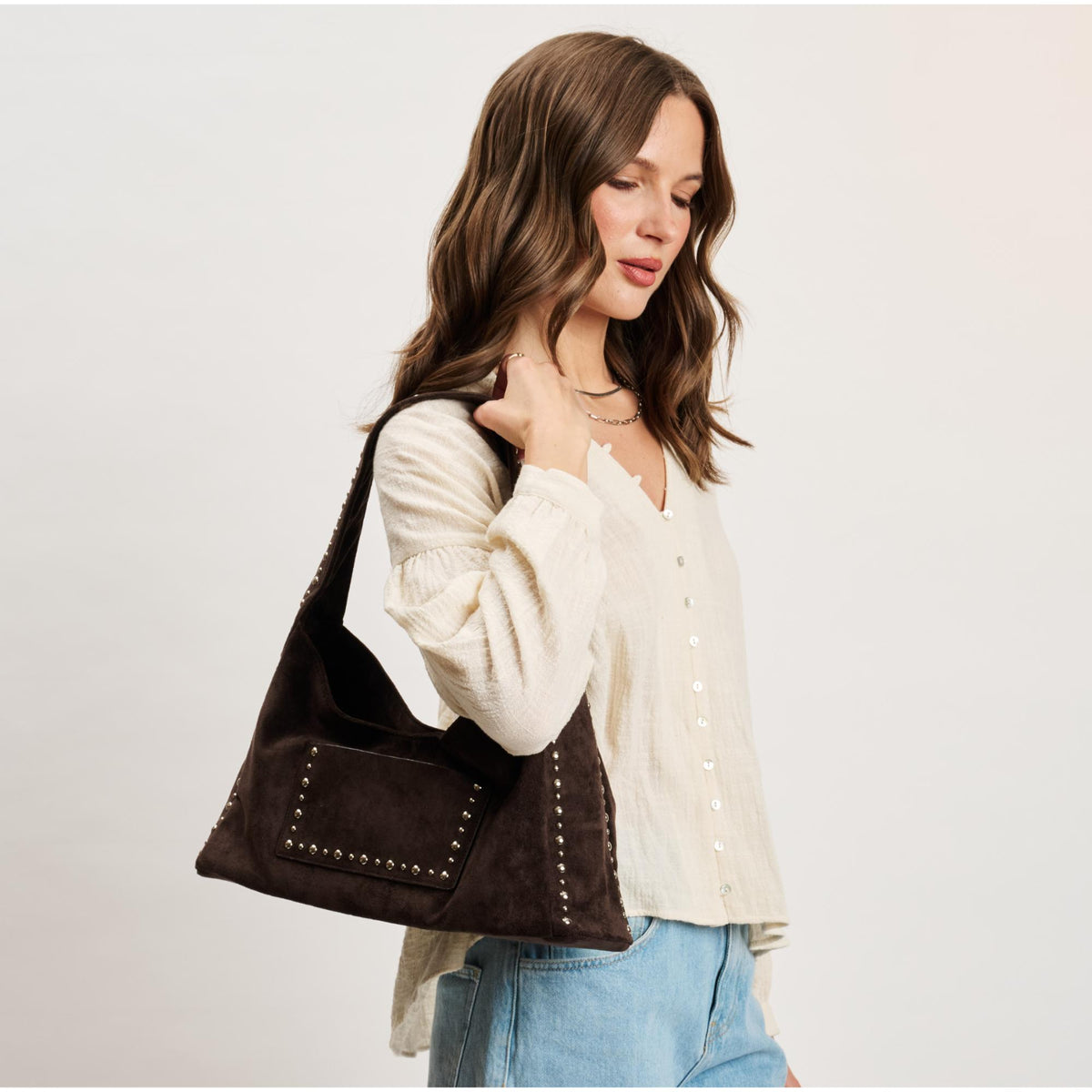 Woman wearing Chocolate Moda Luxe Dahlia Hobo 842017140665 View 1 | Chocolate
