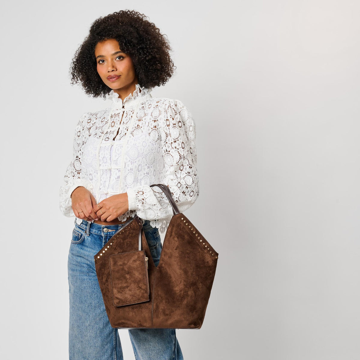 Woman wearing Chocolate Moda Luxe Miranda Tote 842017142942 View 3 | Chocolate