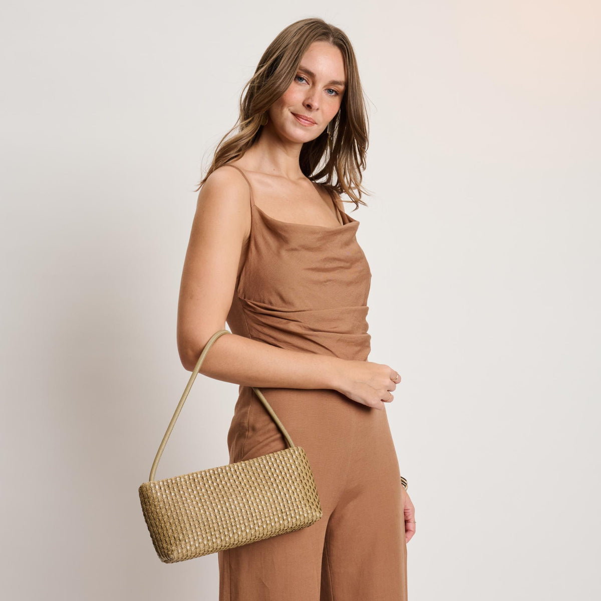 Woman wearing Taupe Moda Luxe Lucy Shoulder Bag 842017140368 View 3 | Taupe