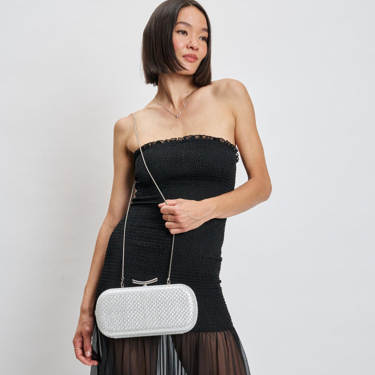 Woman wearing Silver Moda Luxe Victoria Evening Bag 842017139454 View 1 | Silver