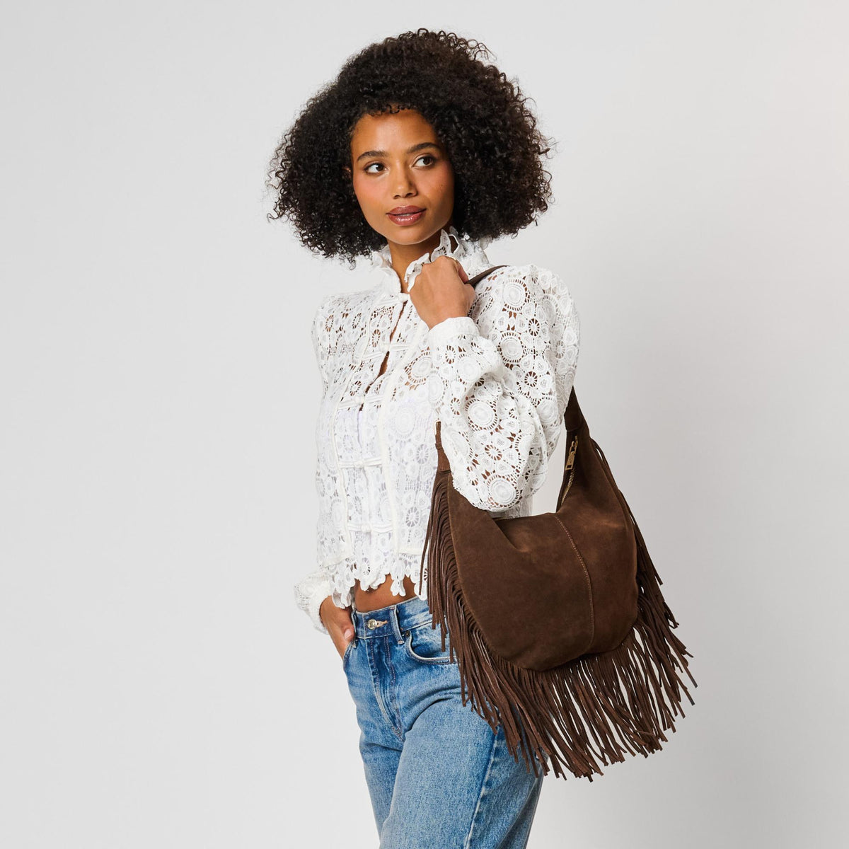 Woman wearing Chocolate Moda Luxe Reba Hobo 842017142362 View 1 | Chocolate