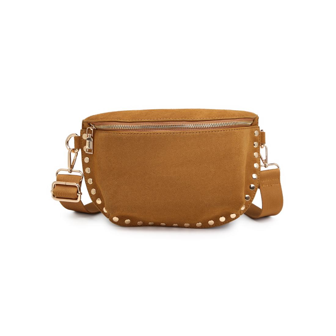 Woman wearing Tan Moda Luxe Gizelle-Suede Belt Bag 842017139676 View 5 | Tan