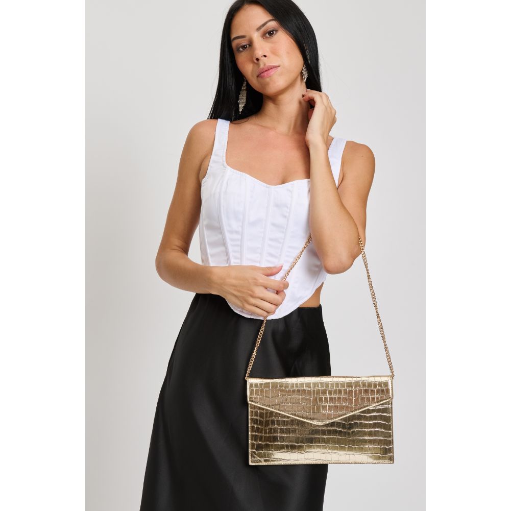 Woman wearing Light Gold Sol and Selene Katniss Clutch 842017133766 View 3 | Light Gold