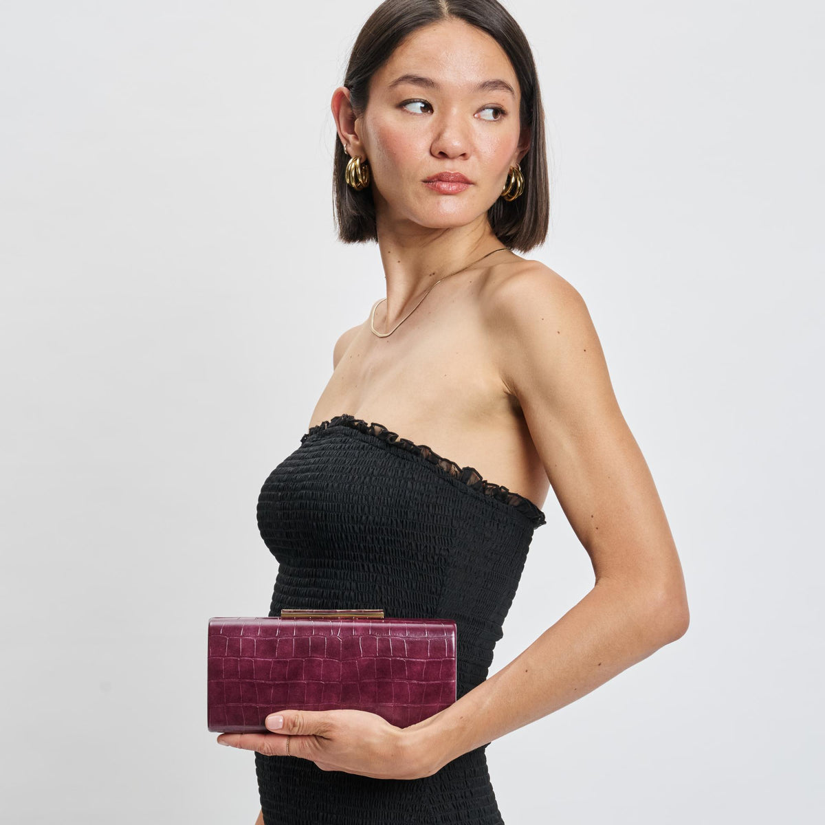 Woman wearing Wine Sol and Selene Sienna Evening Bag 842017139744 View 3 | Wine