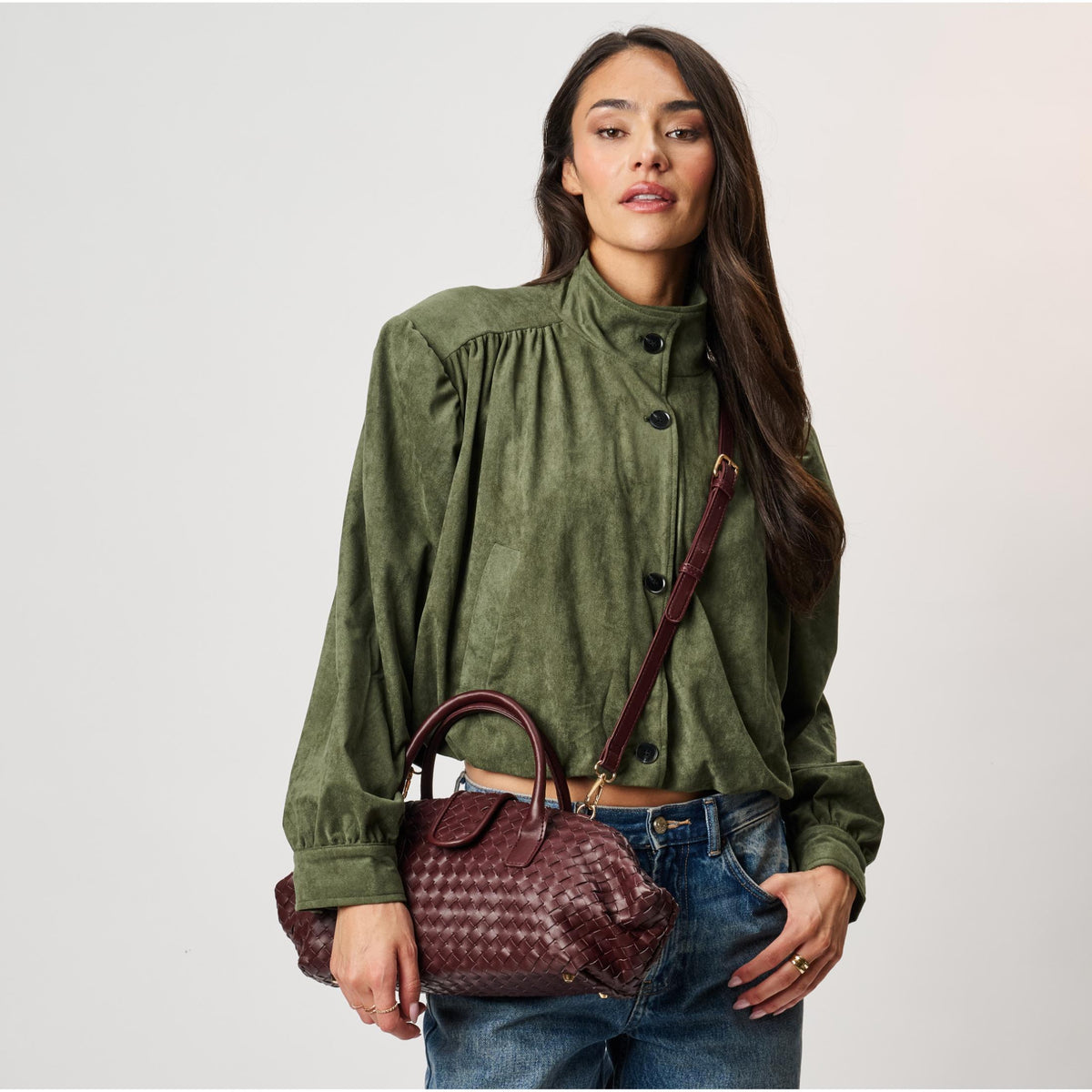 Woman wearing Burgundy Moda Luxe Brookhaven Satchel 842017142775 View 1 | Burgundy