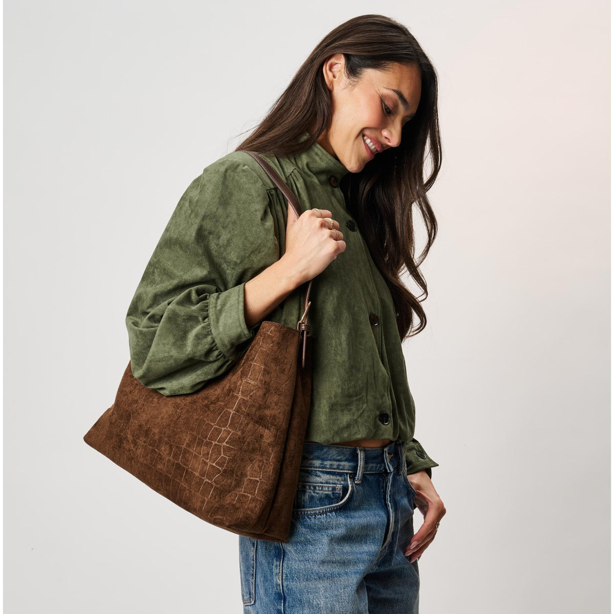Woman wearing Chocolate Moda Luxe Neve Croco Tote 842017142430 View 1 | Chocolate