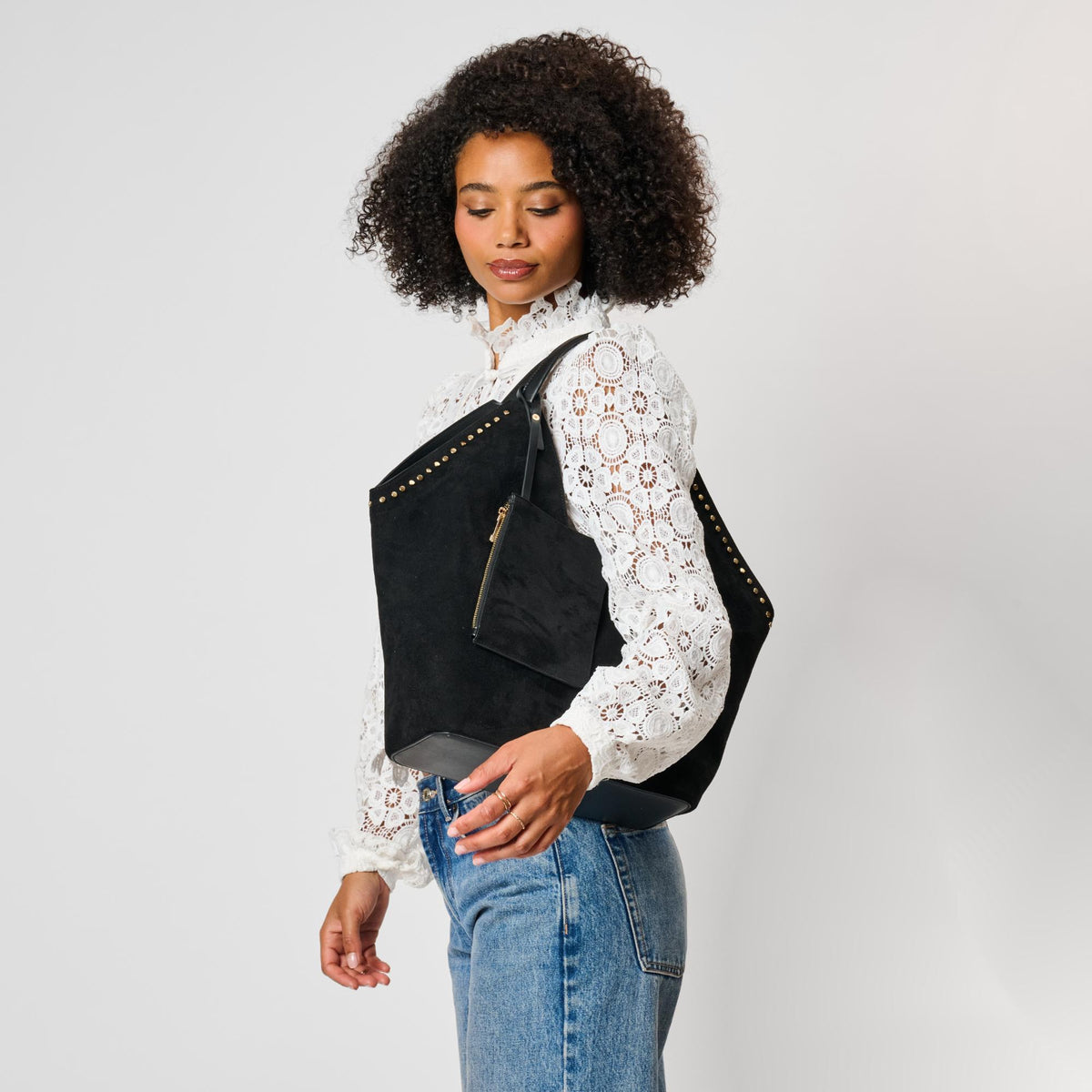 Woman wearing Black Moda Luxe Miranda Tote 842017142959 View 3 | Black