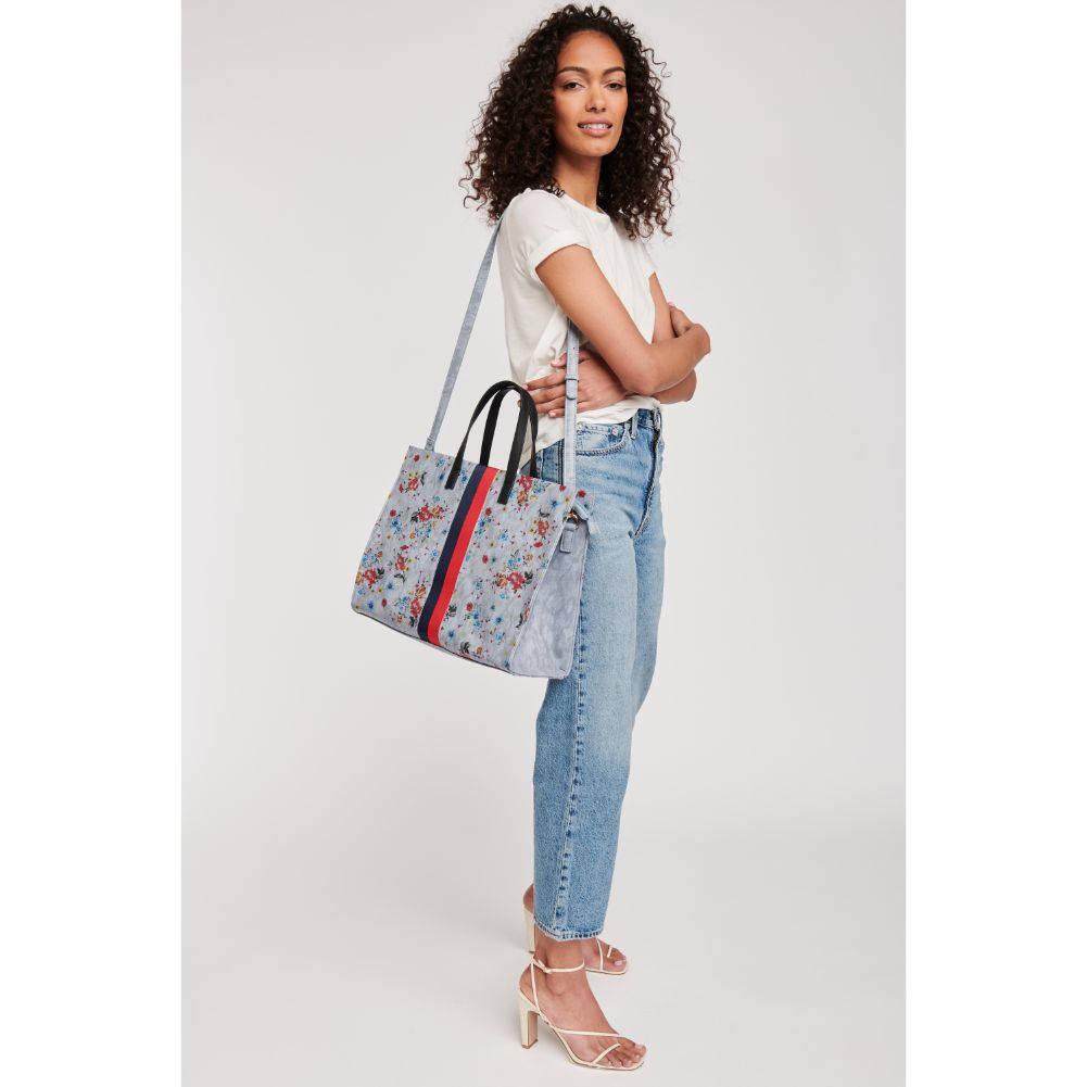 Woman wearing Blue Moda Luxe Julian Print Tote 842017118541 View 4 | Blue