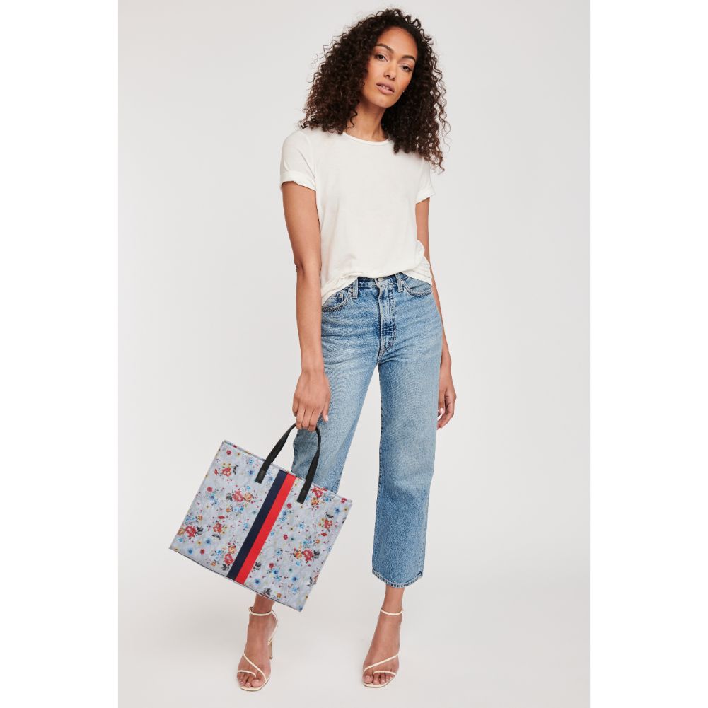 Woman wearing Blue Moda Luxe Julian Print Tote 842017118541 View 3 | Blue