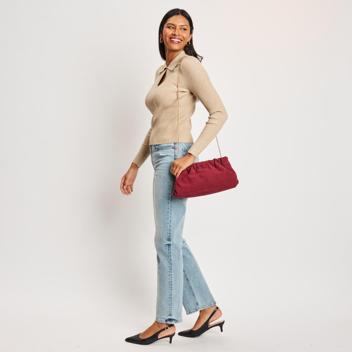 Woman wearing Wine Moda Luxe Penelope Shoulder Bag 842017139133 View 2 | Wine