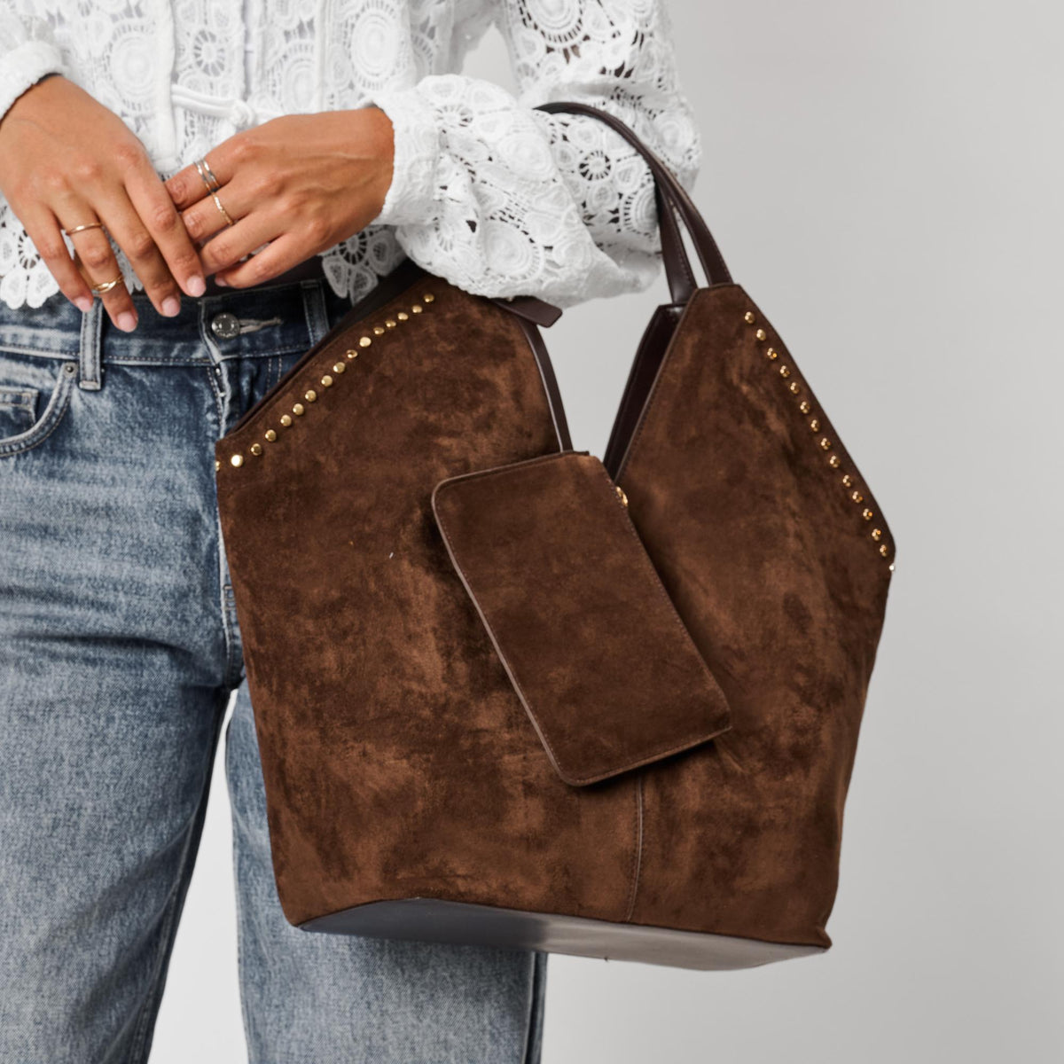 Woman wearing Chocolate Moda Luxe Miranda Tote 842017142942 View 2 | Chocolate