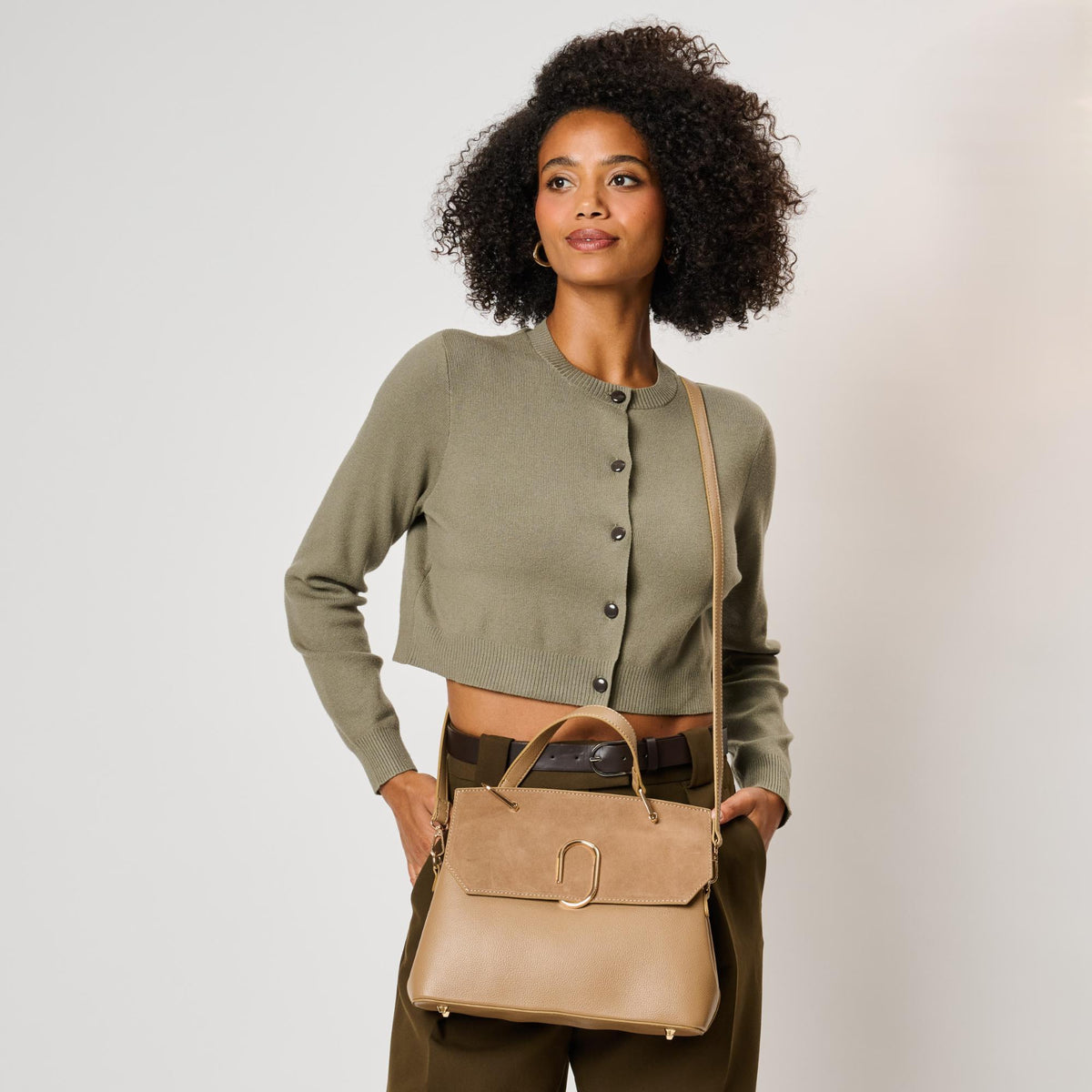 Woman wearing Mushroom Moda Luxe Nico Satchel 842017143413 View 4 | Mushroom