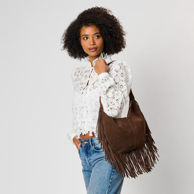 Woman wearing Chocolate Moda Luxe Reba Hobo 842017142362 View 1 | Chocolate