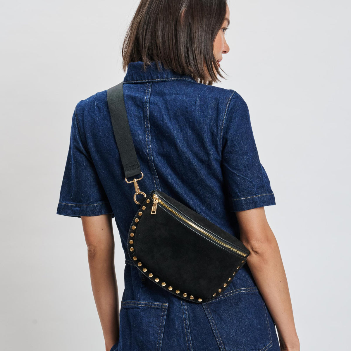 Woman wearing Black Moda Luxe Gizelle-Suede Belt Bag 842017139706 View 2 | Black
