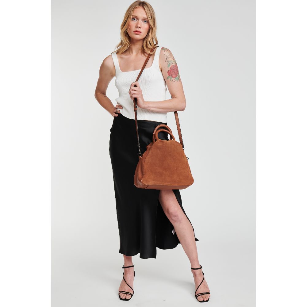 Woman wearing Tan Moda Luxe Addy Satchel 842017126362 View 4 | Tan