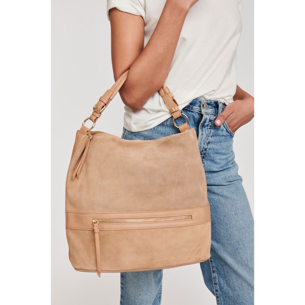 Woman wearing Natural Moda Luxe Isabella Hobo 842017122401 View 1 | Natural