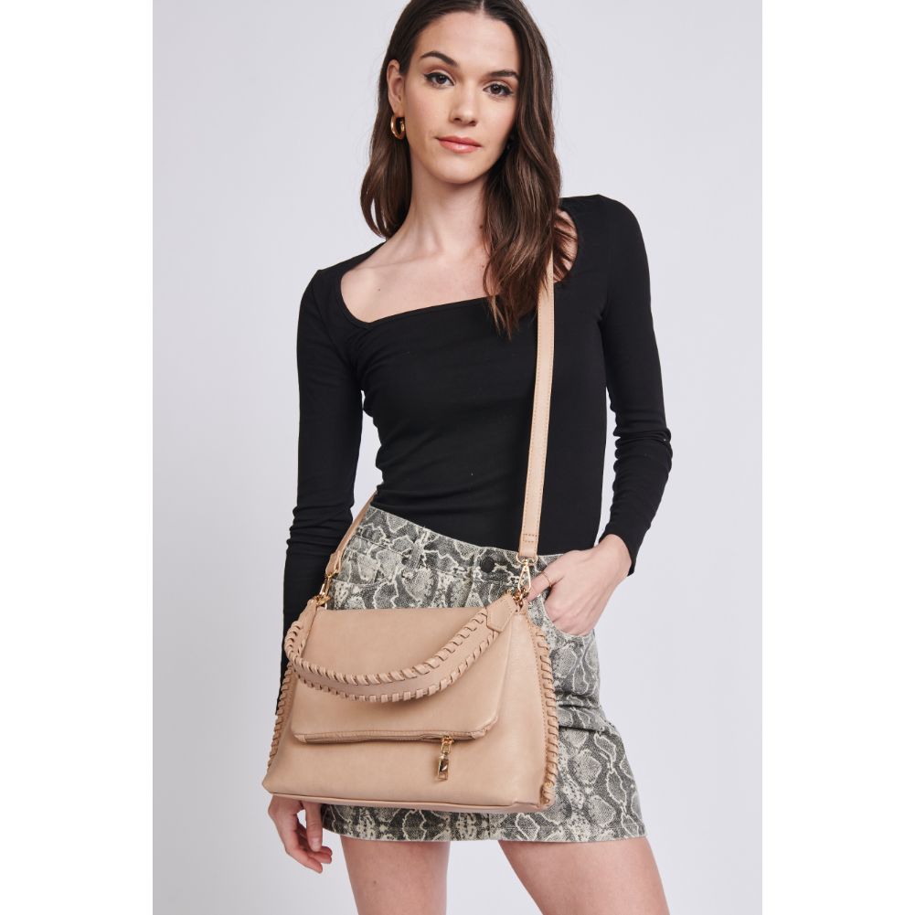 Woman wearing Natural Moda Luxe Gracie Messenger 842017129783 View 1 | Natural