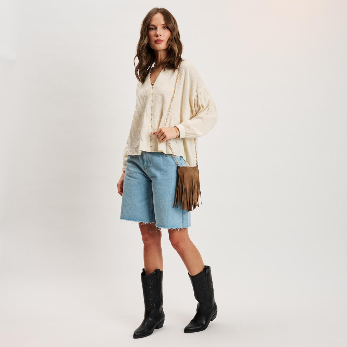 Woman wearing Hazelnut Moda Luxe River Evening Bag 842017140511 View 4 | Hazelnut